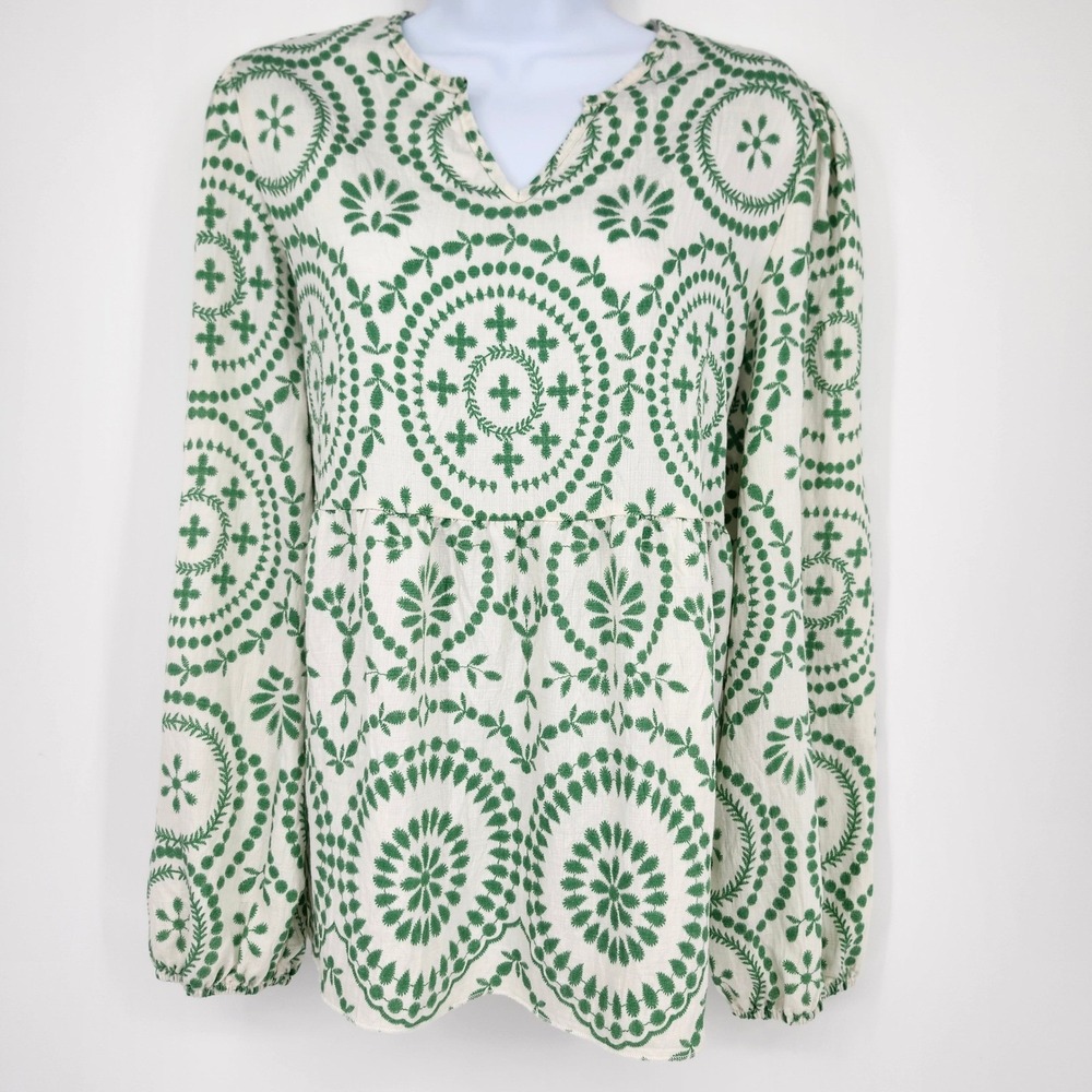 Green Ivory Womens Boho Empire Top Size XL Botanical Chic Spring Cottage‎ Flowy